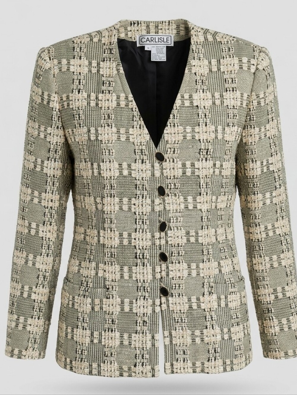Vintage Carlisle Tweed Cream Black Tailored Classic Office Women Blazer Size 14